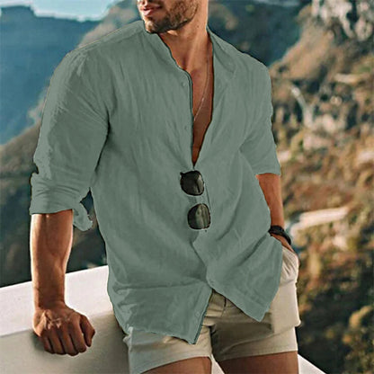 CAMISA DE PLAYA INFORMAL DE LINO DE COLOR LISO PARA HOMBRE