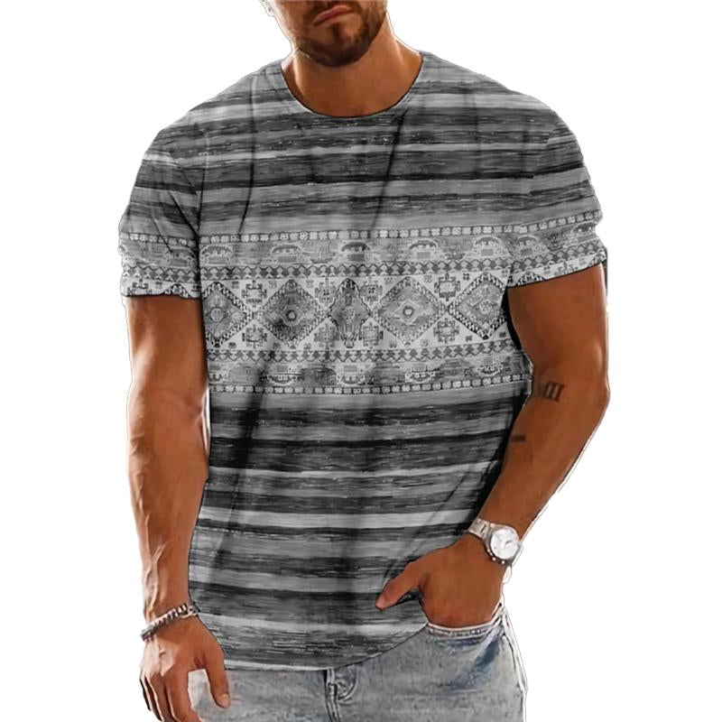 Camiseta de manga corta para hombre con estampado retro de rayas de colores y cuello redondo