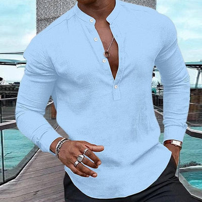 CAMISA CASUAL DE MANGA LARGA CON CUELLO HENLEY DE COLOR LISO PARA HOMBRE