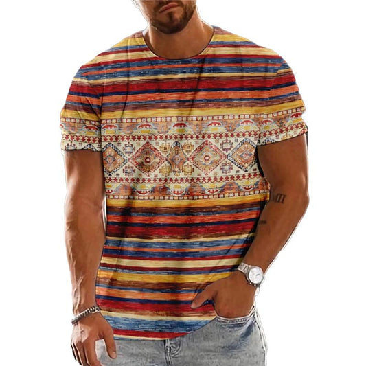 Camiseta de manga corta para hombre con estampado retro de rayas de colores y cuello redondo