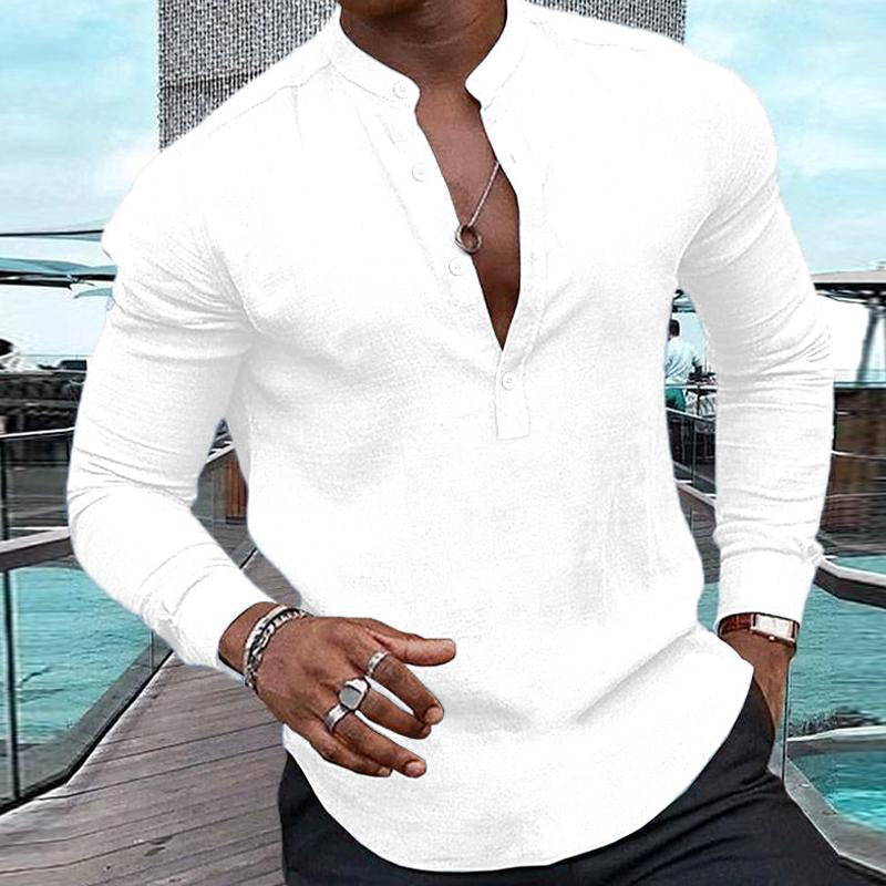 CAMISA CASUAL DE MANGA LARGA CON CUELLO HENLEY DE COLOR LISO PARA HOMBRE