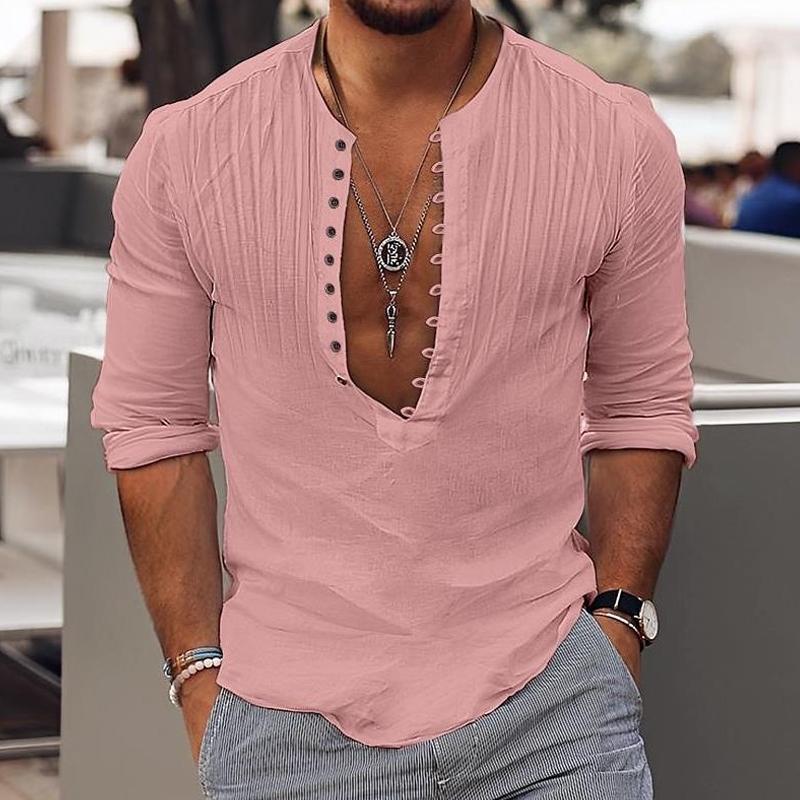 CAMISA CASUAL DE MANGA LARGA CON CUELLO REDONDO Y BOTONES PLISADOS