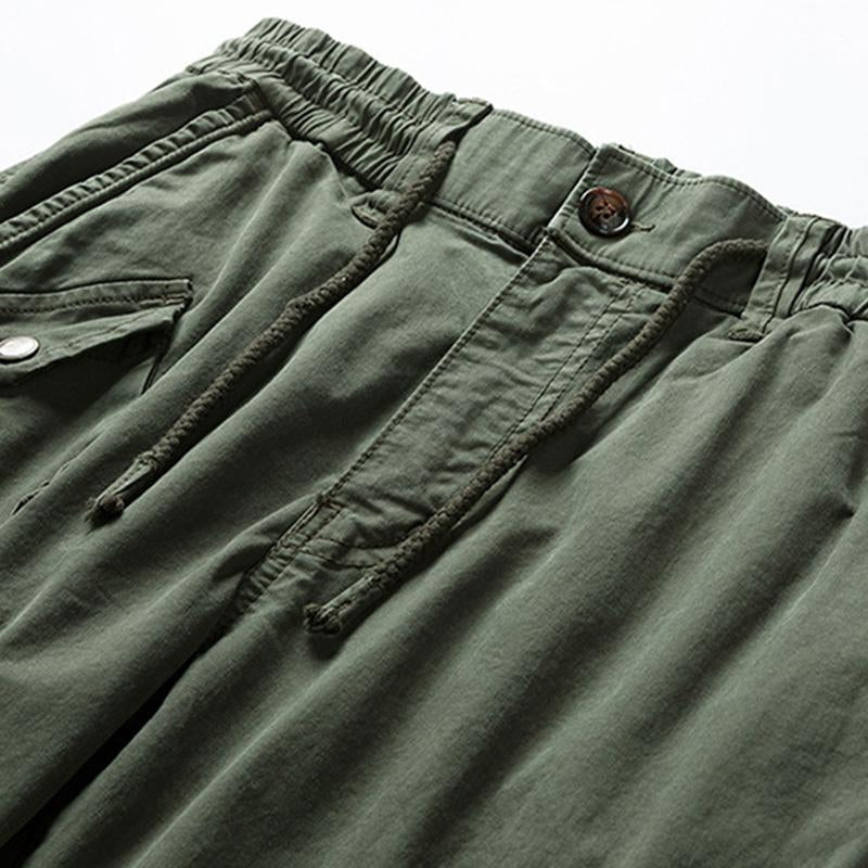 Men's Casual Solid Color Elastic Waist Multi-Pocket Cotton Cargo Pants 76185960M