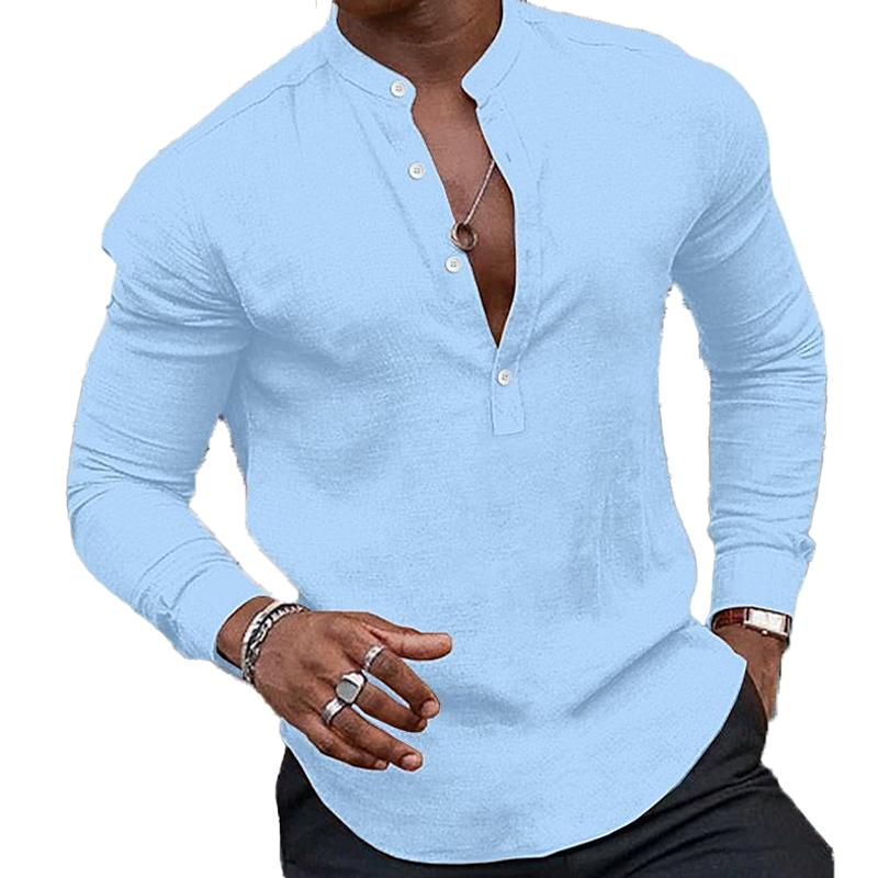 CAMISA CASUAL DE MANGA LARGA CON CUELLO HENLEY DE COLOR LISO PARA HOMBRE