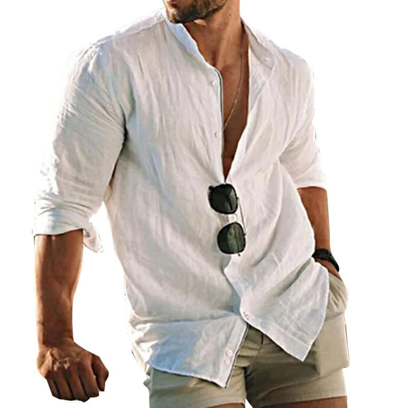 CAMISA DE PLAYA INFORMAL DE LINO DE COLOR LISO PARA HOMBRE