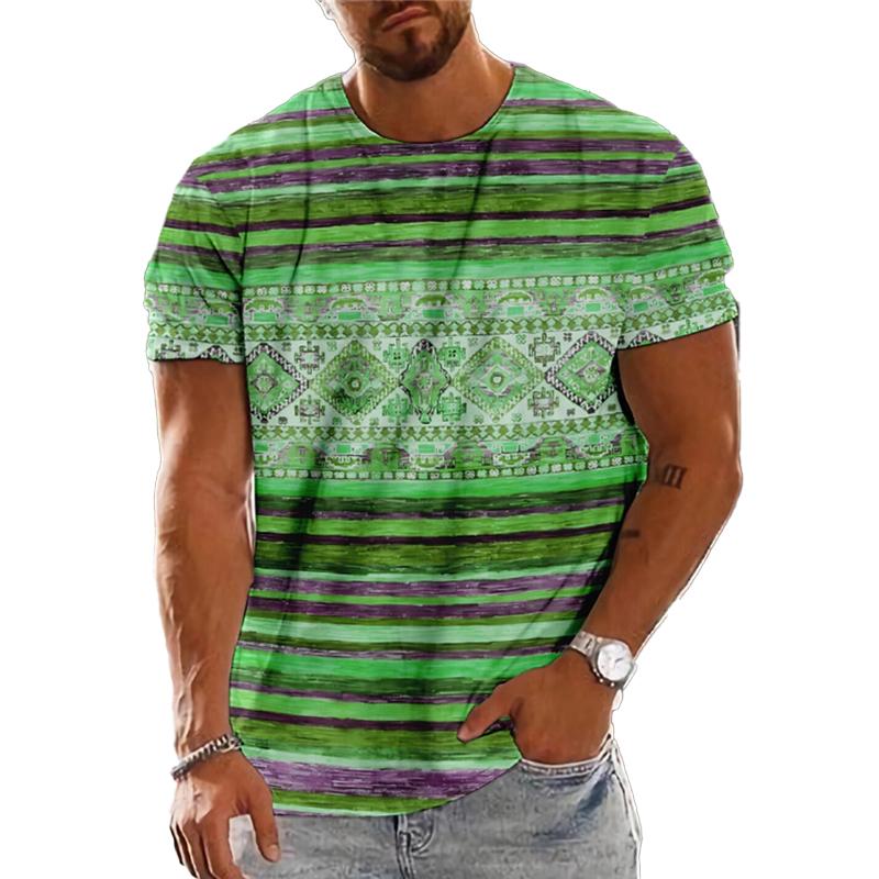 Camiseta de manga corta para hombre con estampado retro de rayas de colores y cuello redondo