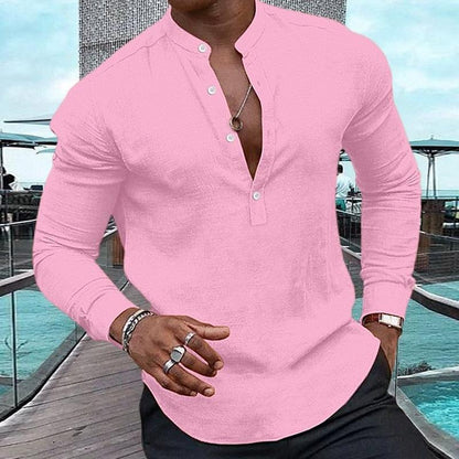 CAMISA CASUAL DE MANGA LARGA CON CUELLO HENLEY DE COLOR LISO PARA HOMBRE