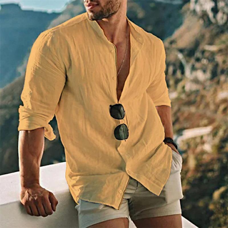 CAMISA DE PLAYA INFORMAL DE LINO DE COLOR LISO PARA HOMBRE