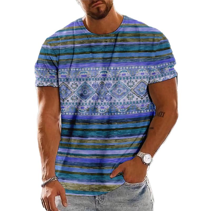 Camiseta de manga corta para hombre con estampado retro de rayas de colores y cuello redondo