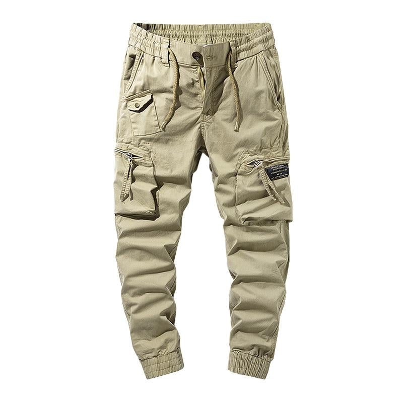 Men's Casual Solid Color Elastic Waist Multi-Pocket Cotton Cargo Pants 76185960M