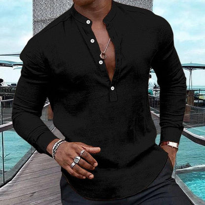 CAMISA CASUAL DE MANGA LARGA CON CUELLO HENLEY DE COLOR LISO PARA HOMBRE