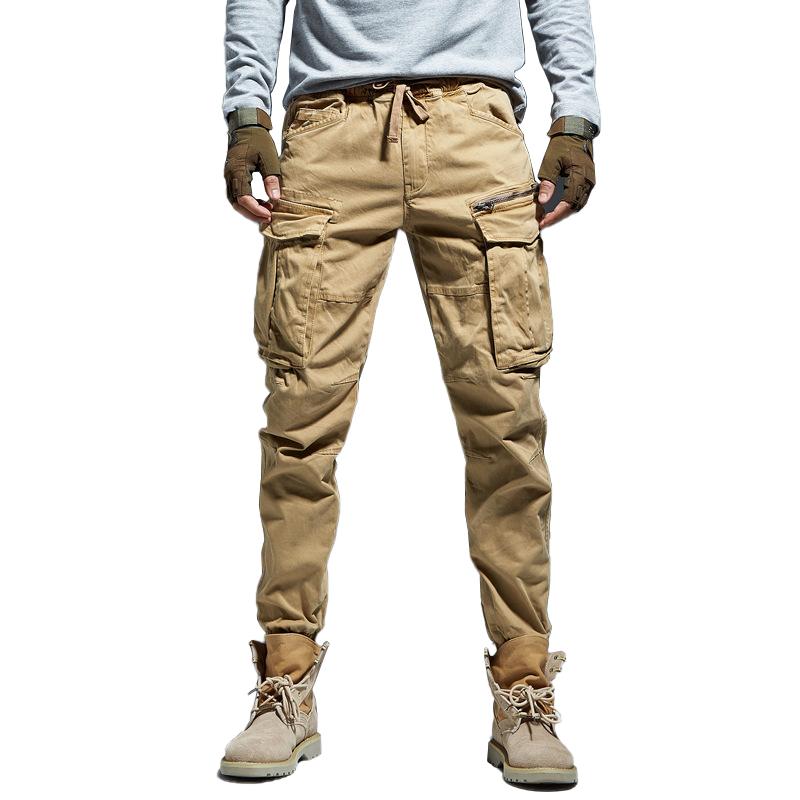 Men's Solid Multi-pocket Elastic Waist Cotton Cargo Pants 18058123Z