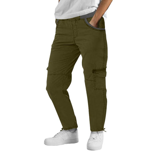 Men's Solid Elastic Waist Zipper Multi-pocket Cargo Pants 03655050Z