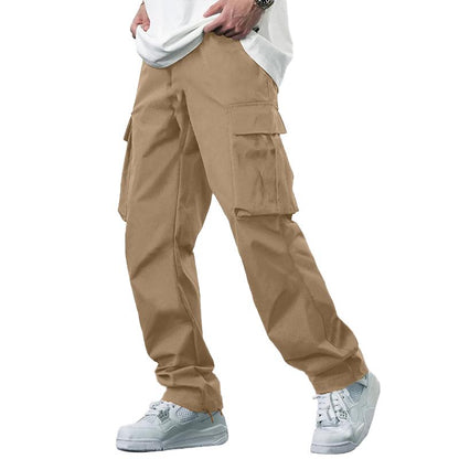 Men's Cotton Solid Color Multi-pocket Elastic Waist Cargo Casual Pants 12992496Z